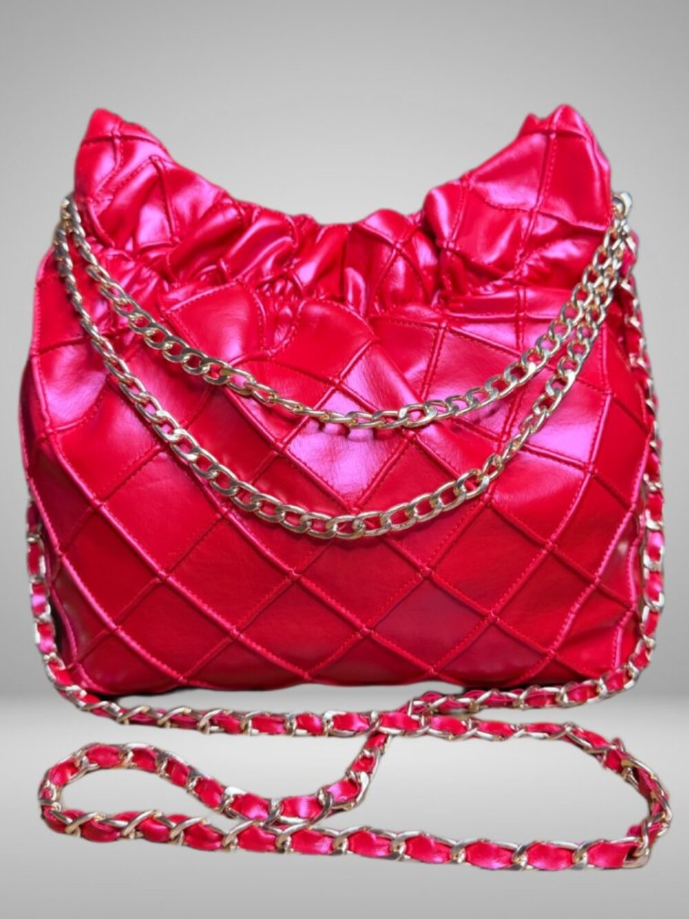 Handmade Quilted Mini Fleming-like Red Faux Leather Handbag